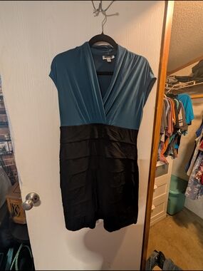 Teal and Black Two-Tone V-Neck Dress